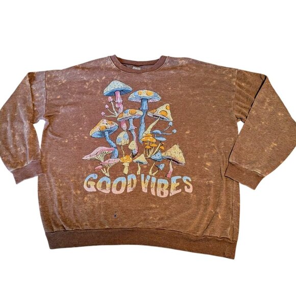 Mushroom Oversized Acid Dyed GOOD VIBES Sweatshirt No Boundaries Boho XXL - Picture 1 of 6